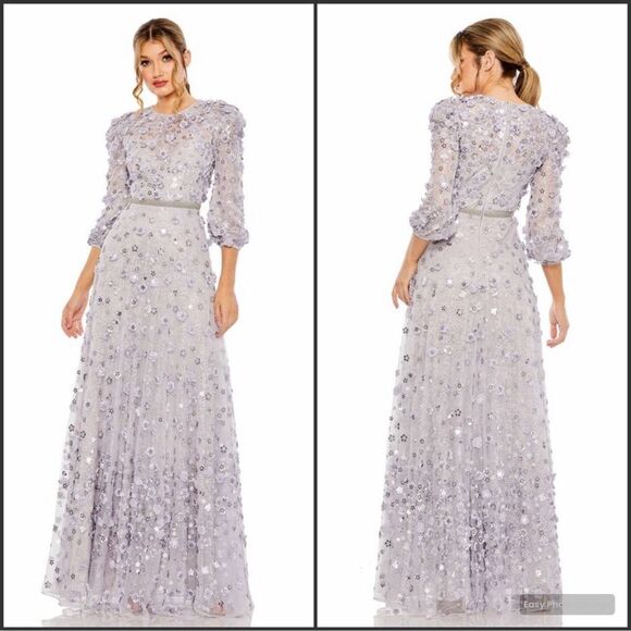 Mac Duggal Purple Floral Applique Puff Sleeve High Neck A-Line Gown Dress - Picture 1 of 15